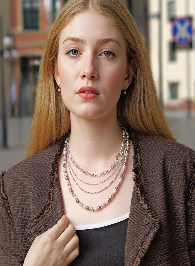 BULINLIN Silver Long Pearl Necklaces for Women Pearl Beaded Link Chain Necklace Mom Gifts Elegant Costume Jewelry for Women(Champagne) - Image 4
